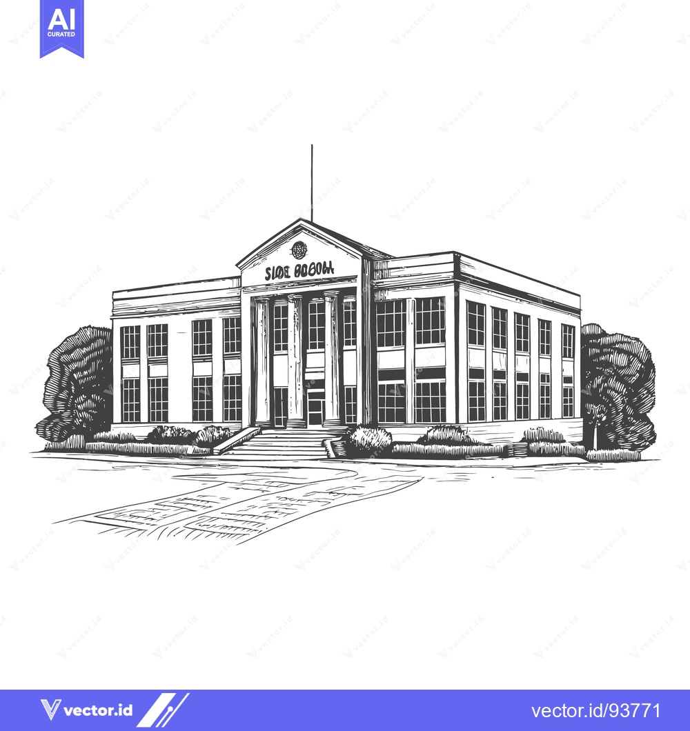 Premium Vector of Architectural illustration depicts a neoclassical building with surrou