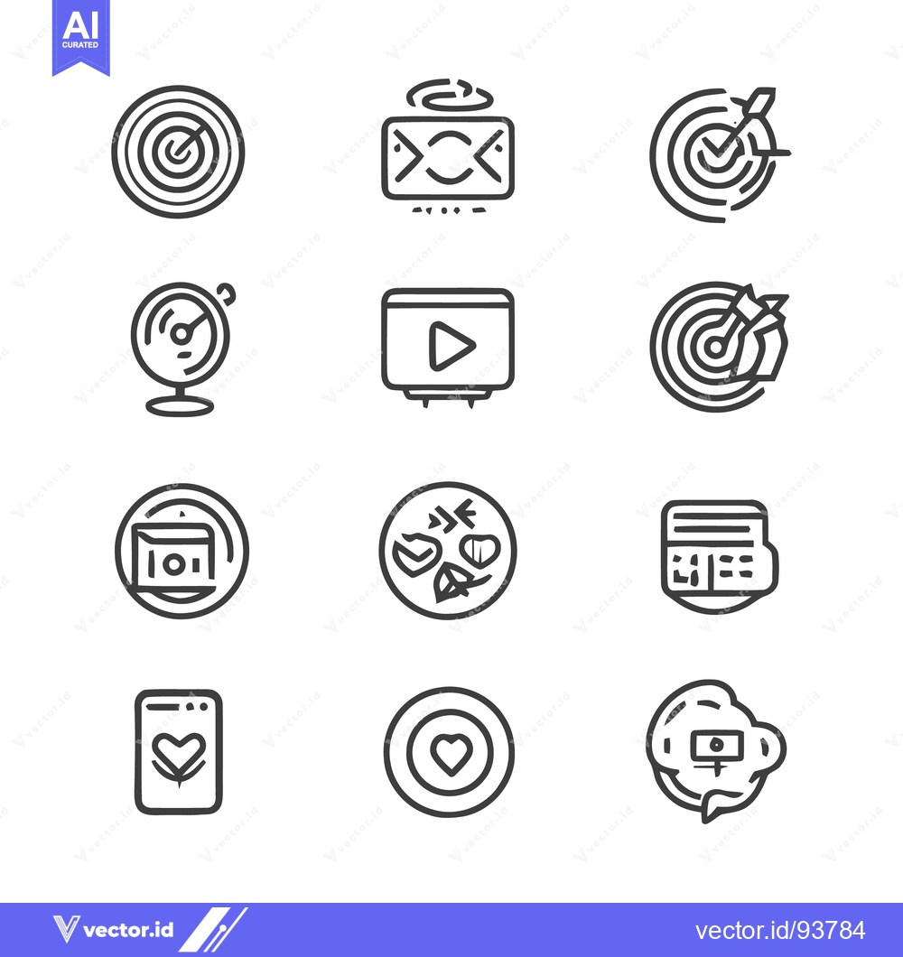 Premium Vector of Diverse Icon Set: Targets, Tech, Food, and Communication in Outline St