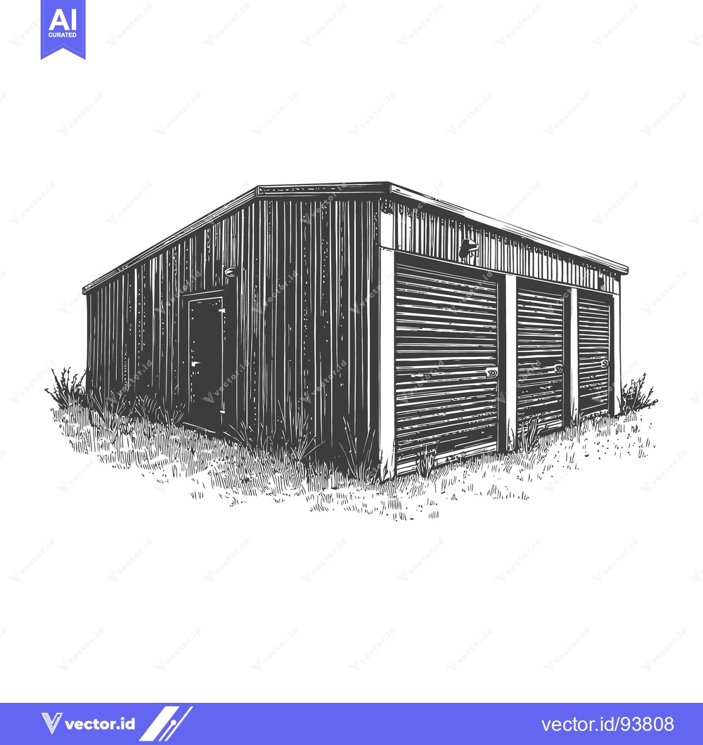 Premium Vector of Architectural drawing depicts a simple metal building with three garag