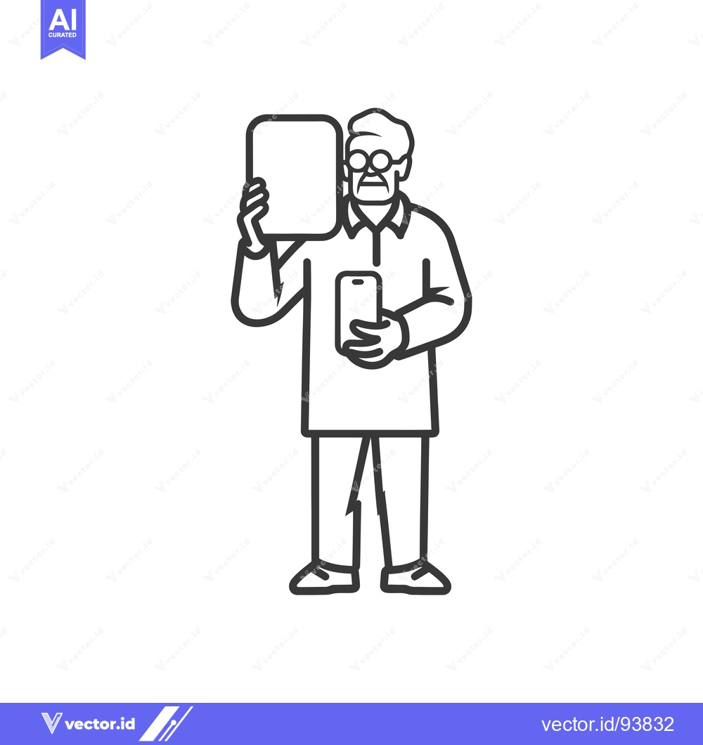 Premium Vector of Senior man holding a phone and tablet
