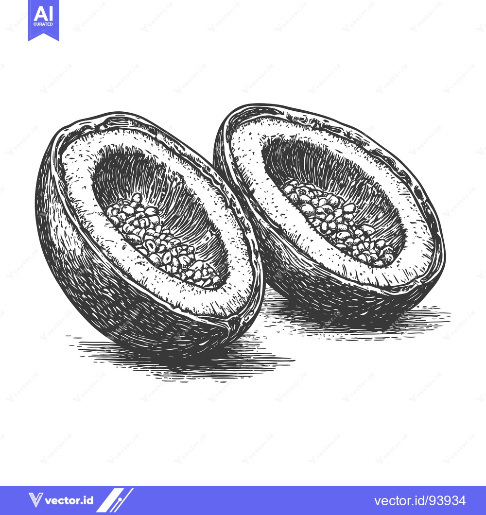 Premium Vector of Two halves of a ripe fruit showing numerous tiny seeds