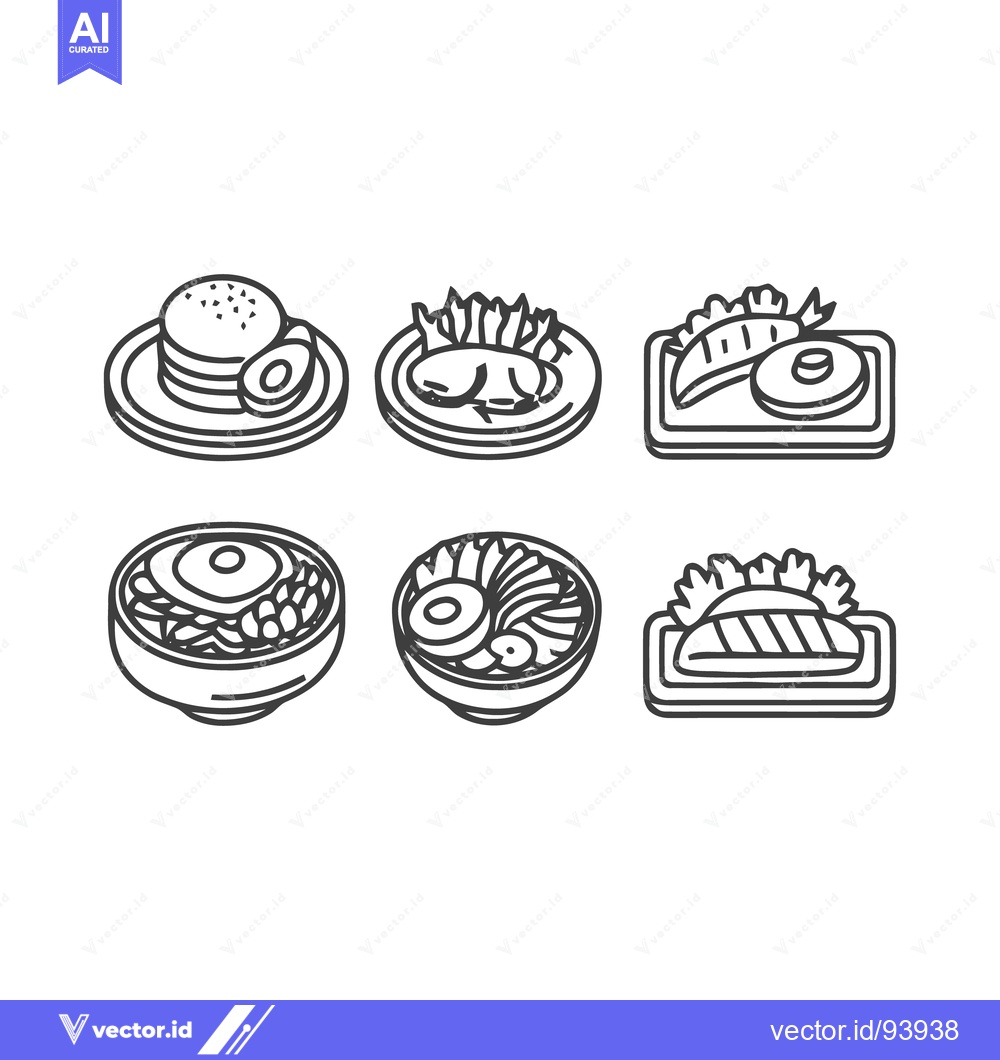 Premium Vector of Minimalist Food Icons: Pancakes, Chicken, Sushi, Ramen, Steak, and Sal