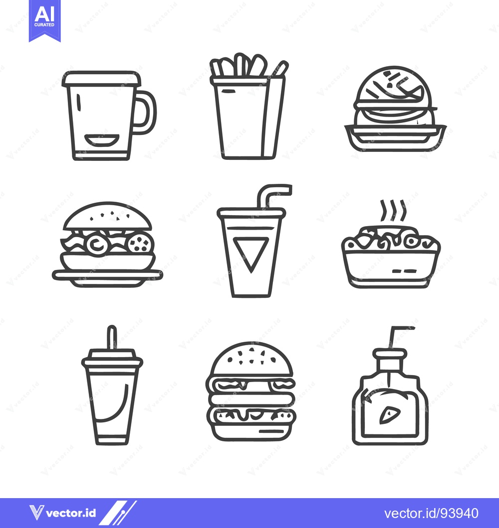 Premium Vector of Minimalist Fast Food Icons: Burger, Fries, Drink, and More in Line Art