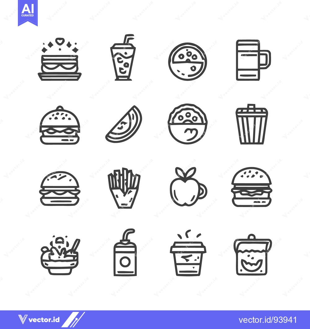 Premium Vector of Minimalist Food Icons: Burger, Pizza, Fries, and More on White Backgro