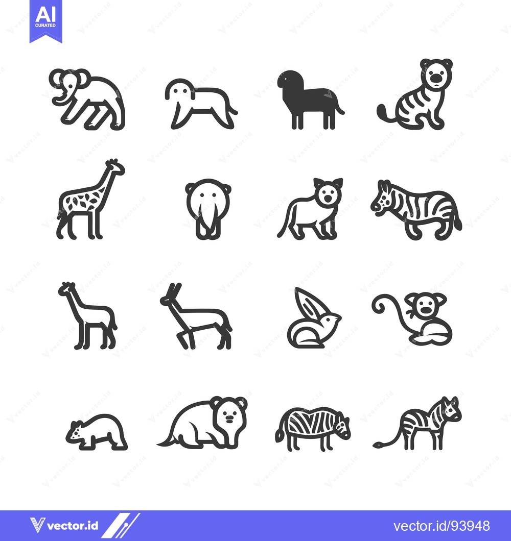 Premium Vector of Set of 12 animal icons, including elephants, a giraffe, a tiger, a zeb