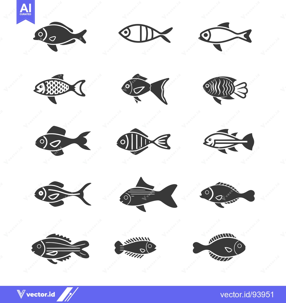 Premium Vector dari Set of 12 Black and White Fish Silhouettes