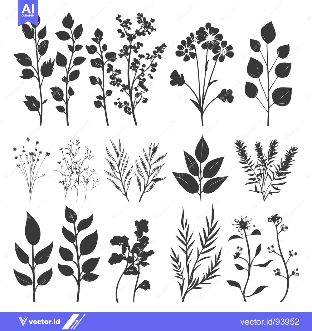Premium Vector dari Set of 12 Black and White Floral Silhouettes