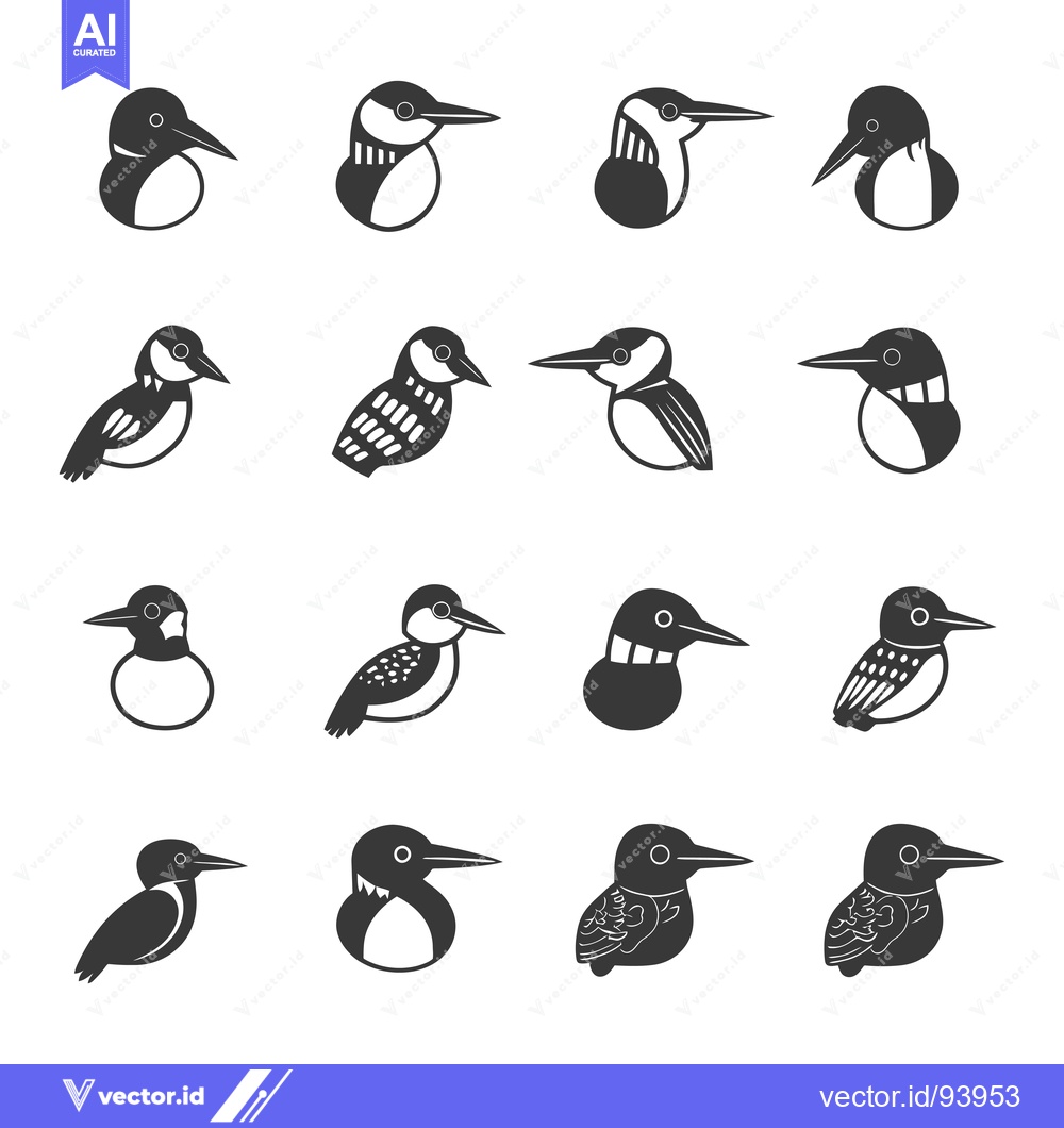 Premium Vector of Set of 12 Black and White Kingfisher Bird Icons