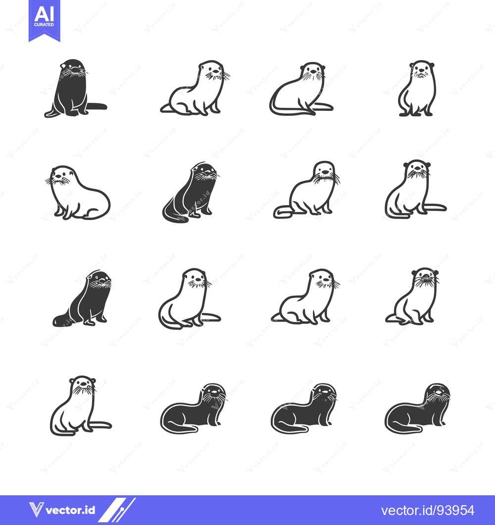 Premium Vector of Set of 12 Black and White Otter Illustrations in Various Poses