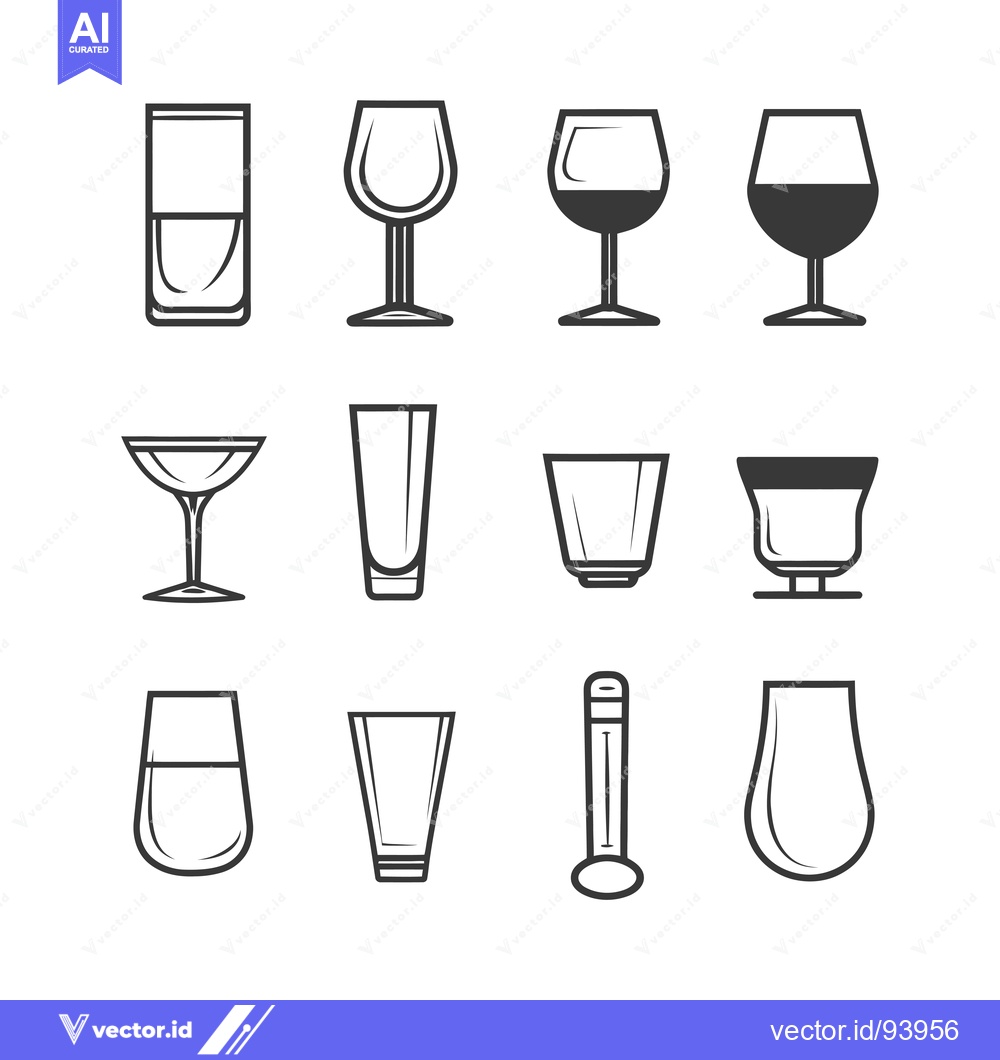 Premium Vector of Set of 12 Black and White Outline Glassware Icons