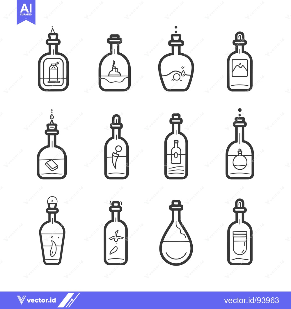 Premium Vector of Set of 12 Bottle Icons with Various Contents