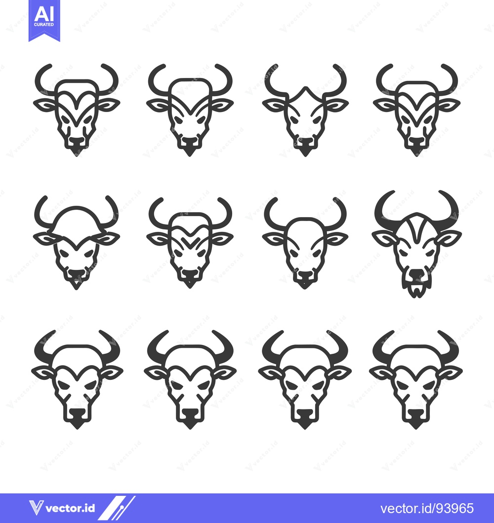 Premium Vector of Set of 12 Bull Head Line Icons in Black and White