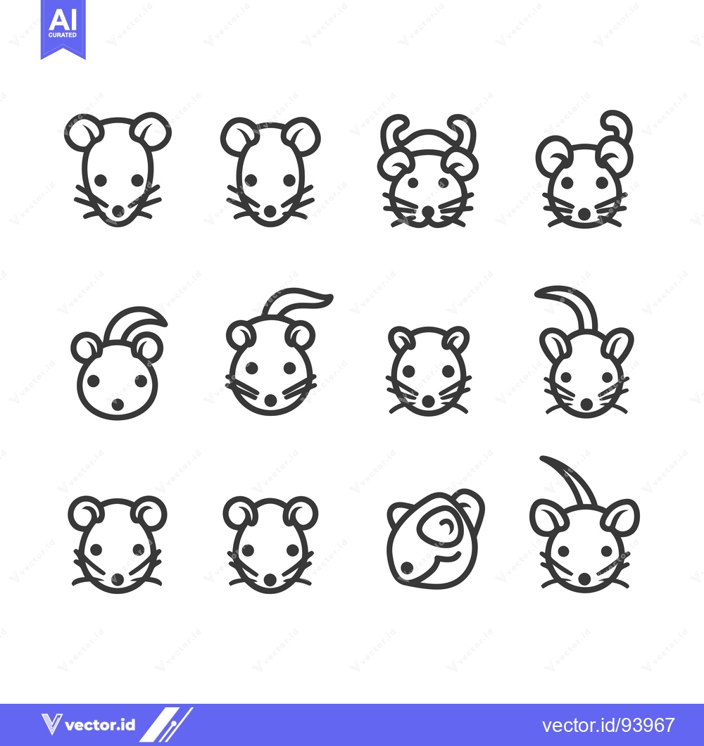 Premium Vector of Set of 12 Cartoon Mouse Head Icons in Outline Style