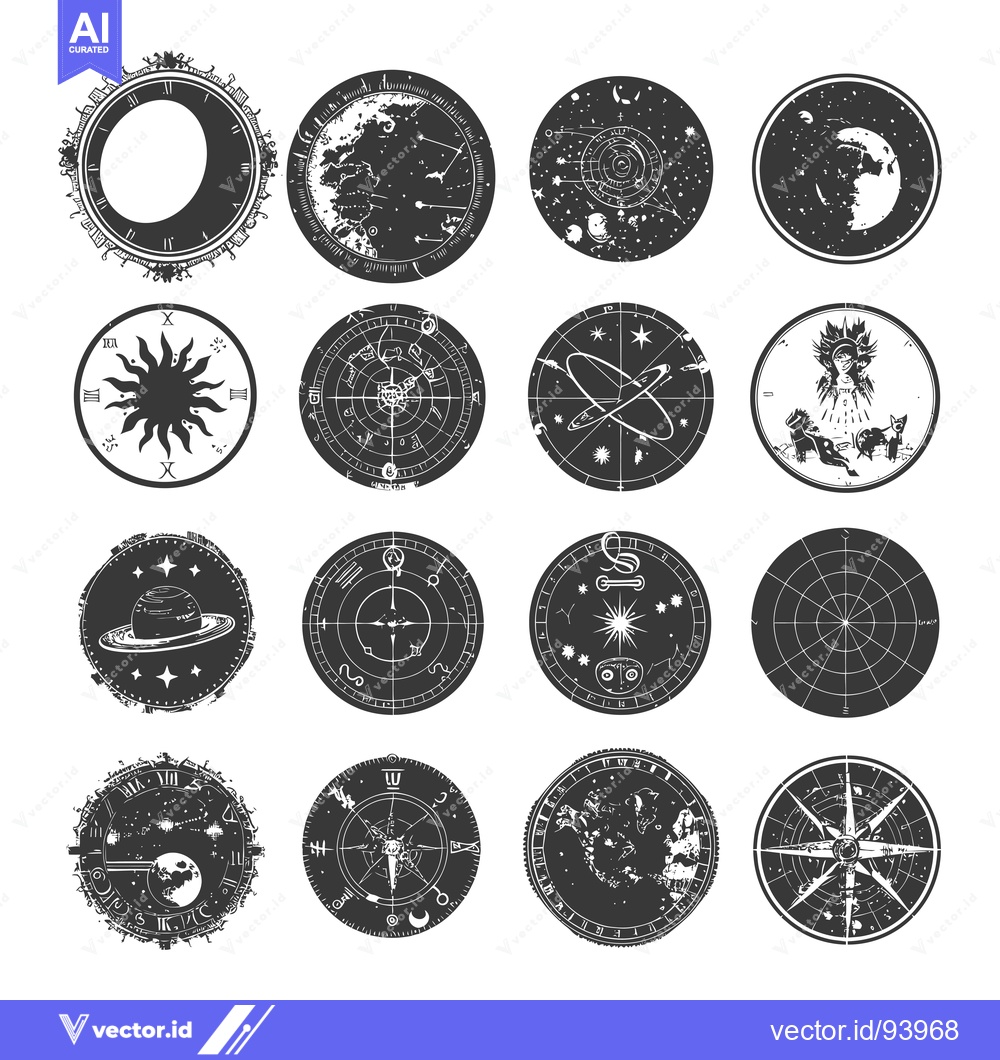 Premium Vector of Set of 12 Celestial-Themed Circular Designs with Various Motifs