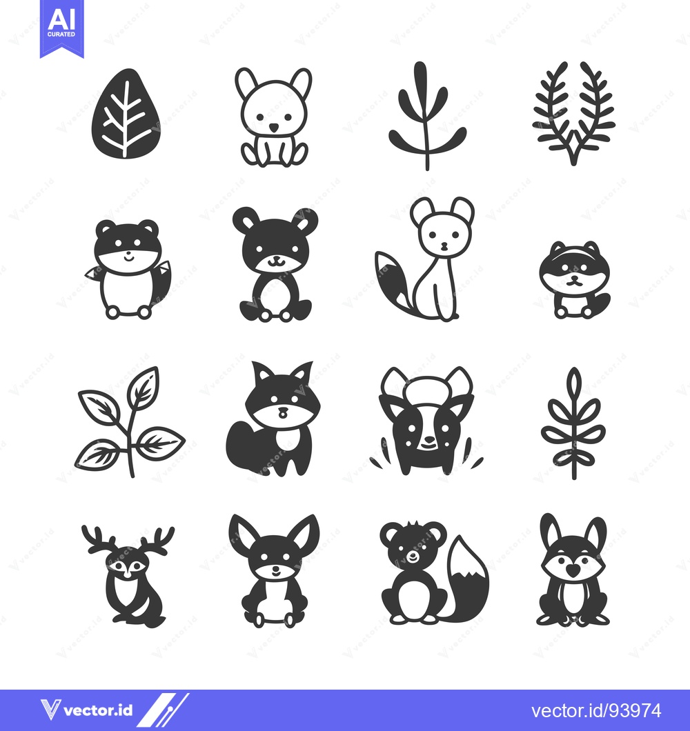 Premium Vector dari Set of 12 Cute Cartoon Animals and Plants Icons