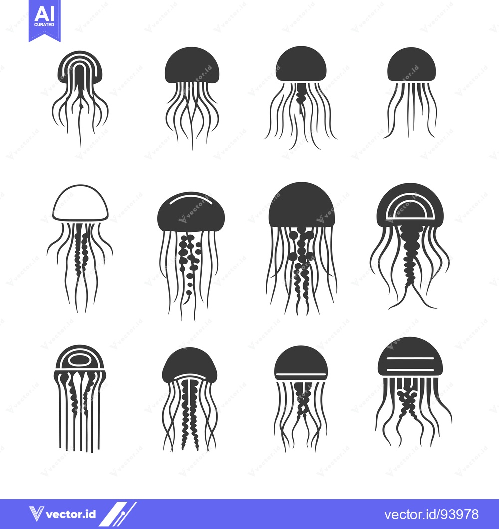 Premium Vector dari Set of 12 different black jellyfish silhouettes