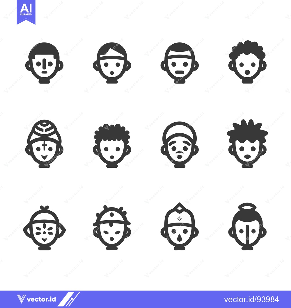 Premium Vector dari Set of 12 diverse cartoon human head icons in black and white