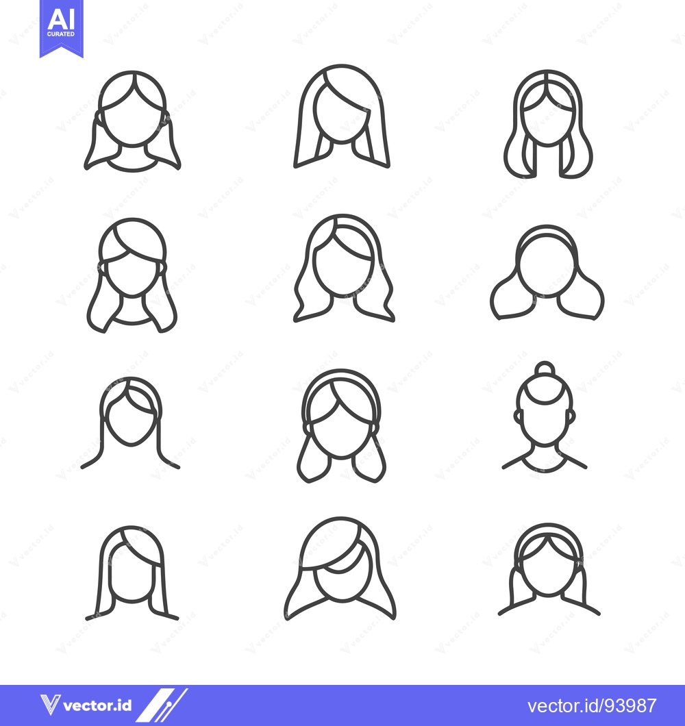 Premium Vector dari Set of 12 Female Hairstyle Icons in Line Art Style