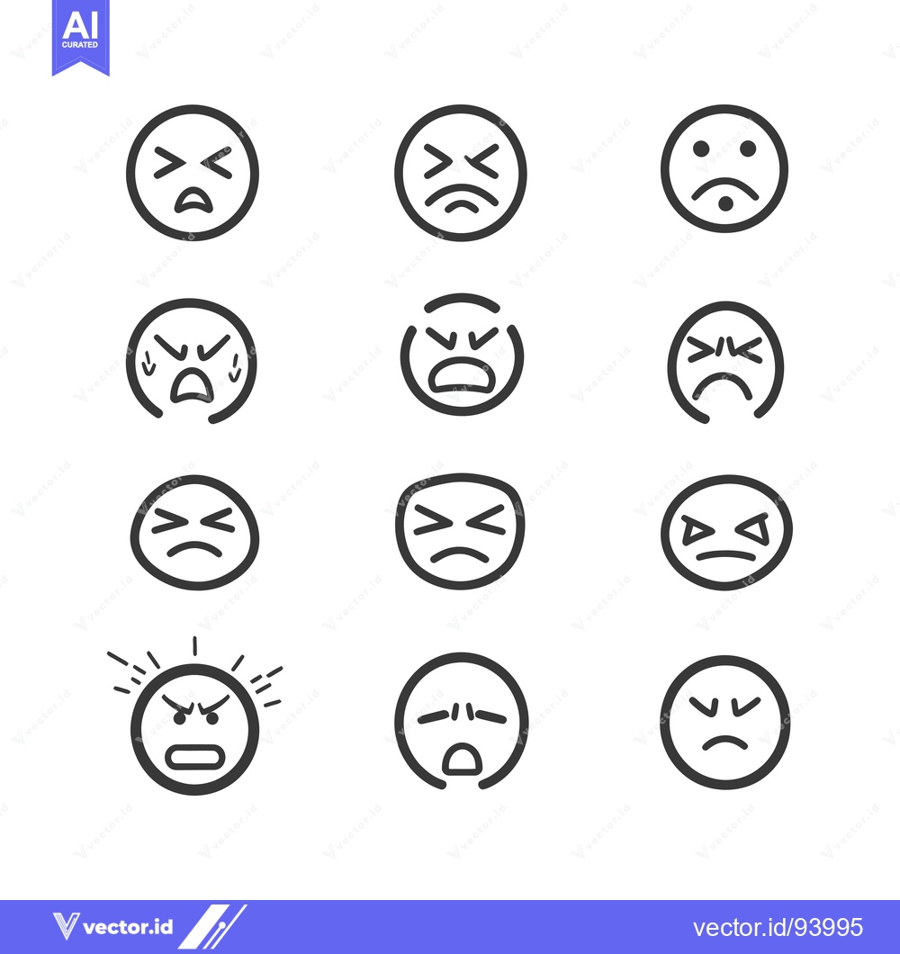 Premium Vector of Set of 12 Hand Drawn Angry Emojis in Black and White