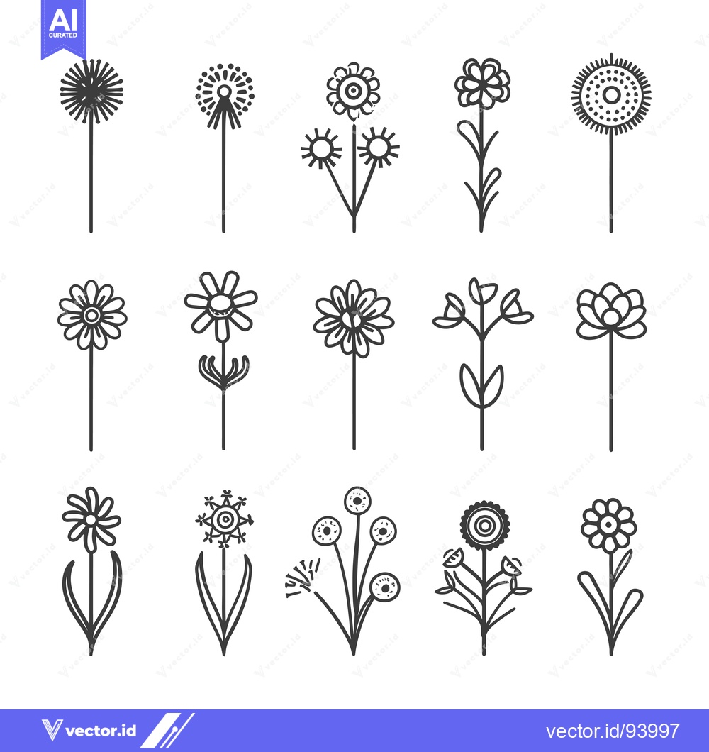 Premium Vector dari Set of 12 Hand-Drawn Flower Icons with Stems and Leaves