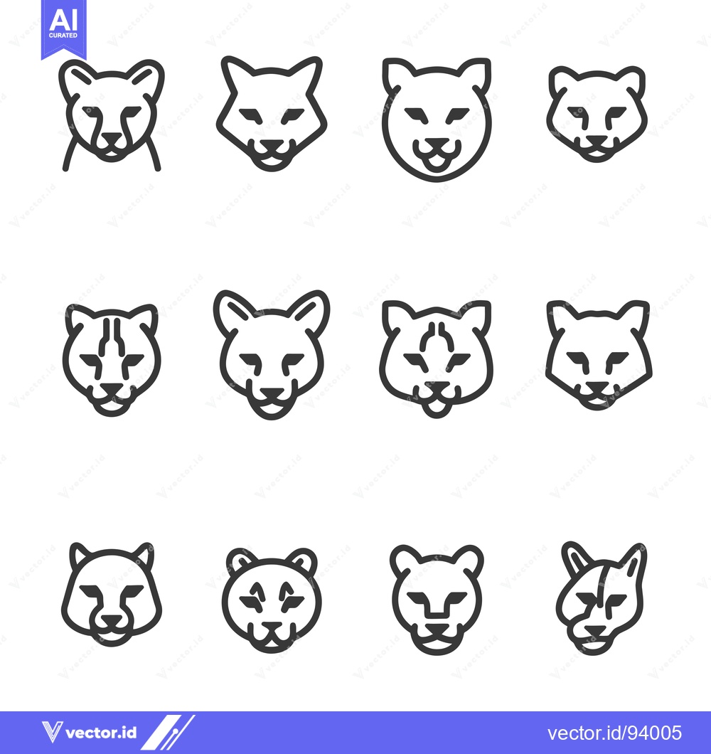 Premium Vector of Set of 12 Line Art Cougar Heads in Different Styles