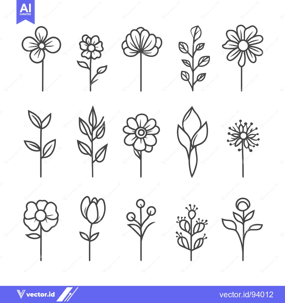 Premium Vector of Set of 12 Line Drawings of Different Flowers and Floral Elements