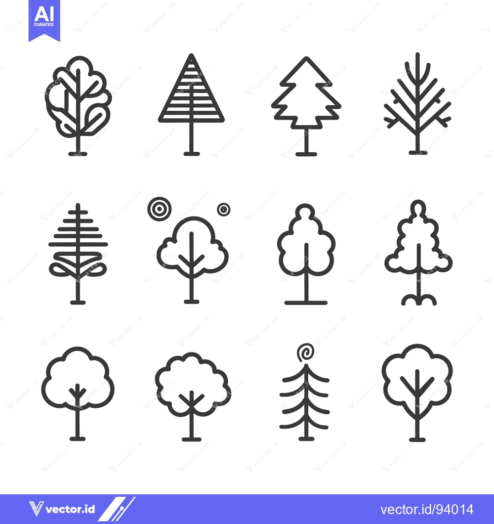 Premium Vector of Set of 12 Line Icons Depicting Various Trees