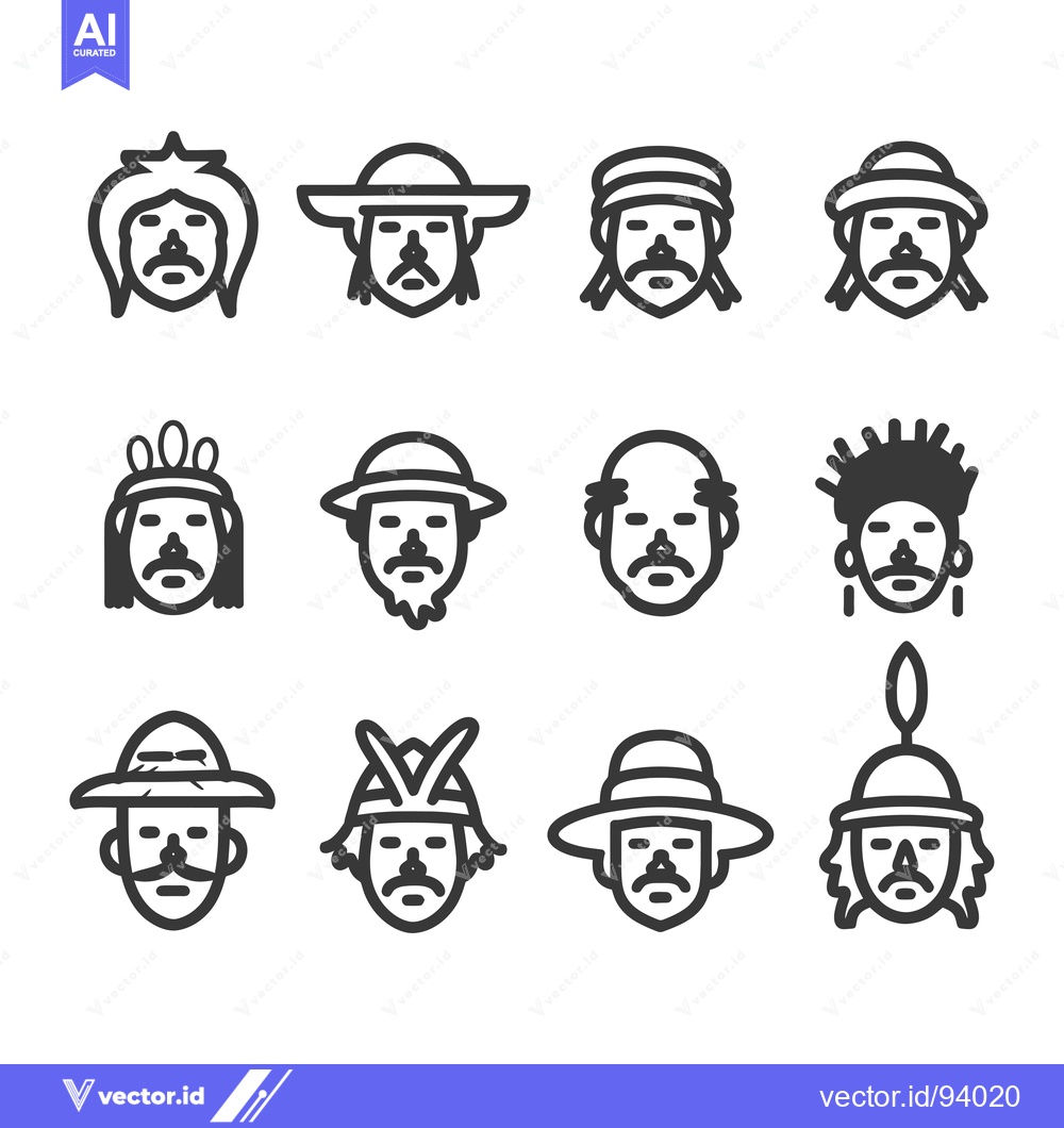 Premium Vector dari Set of 12 Line Icons of Different Male Faces with Hats and Hairstyles