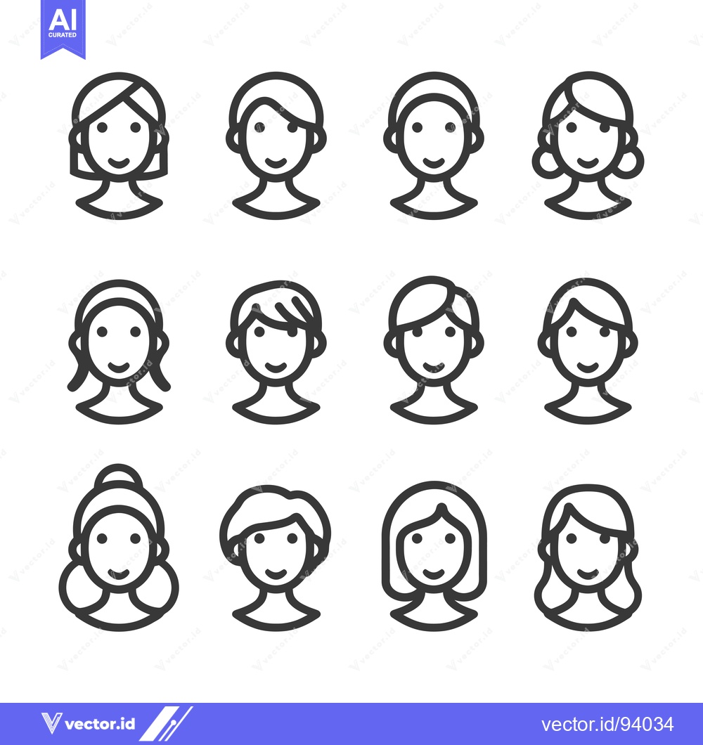Premium Vector of Set of 12 Line Icons Representing Women with Different Hairstyles