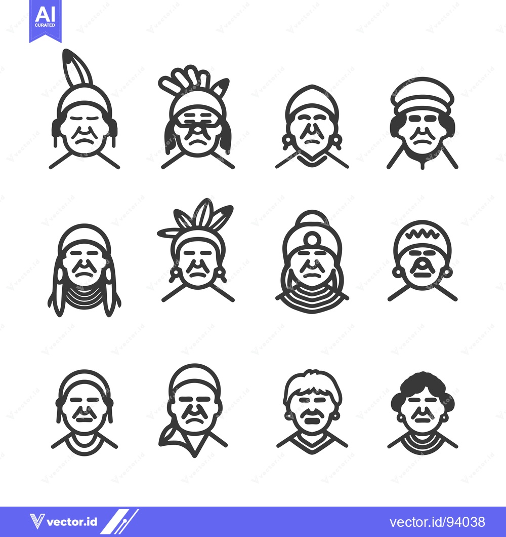 Premium Vector dari Set Of 12 Native American Chief Head Icons In Line Style 33770