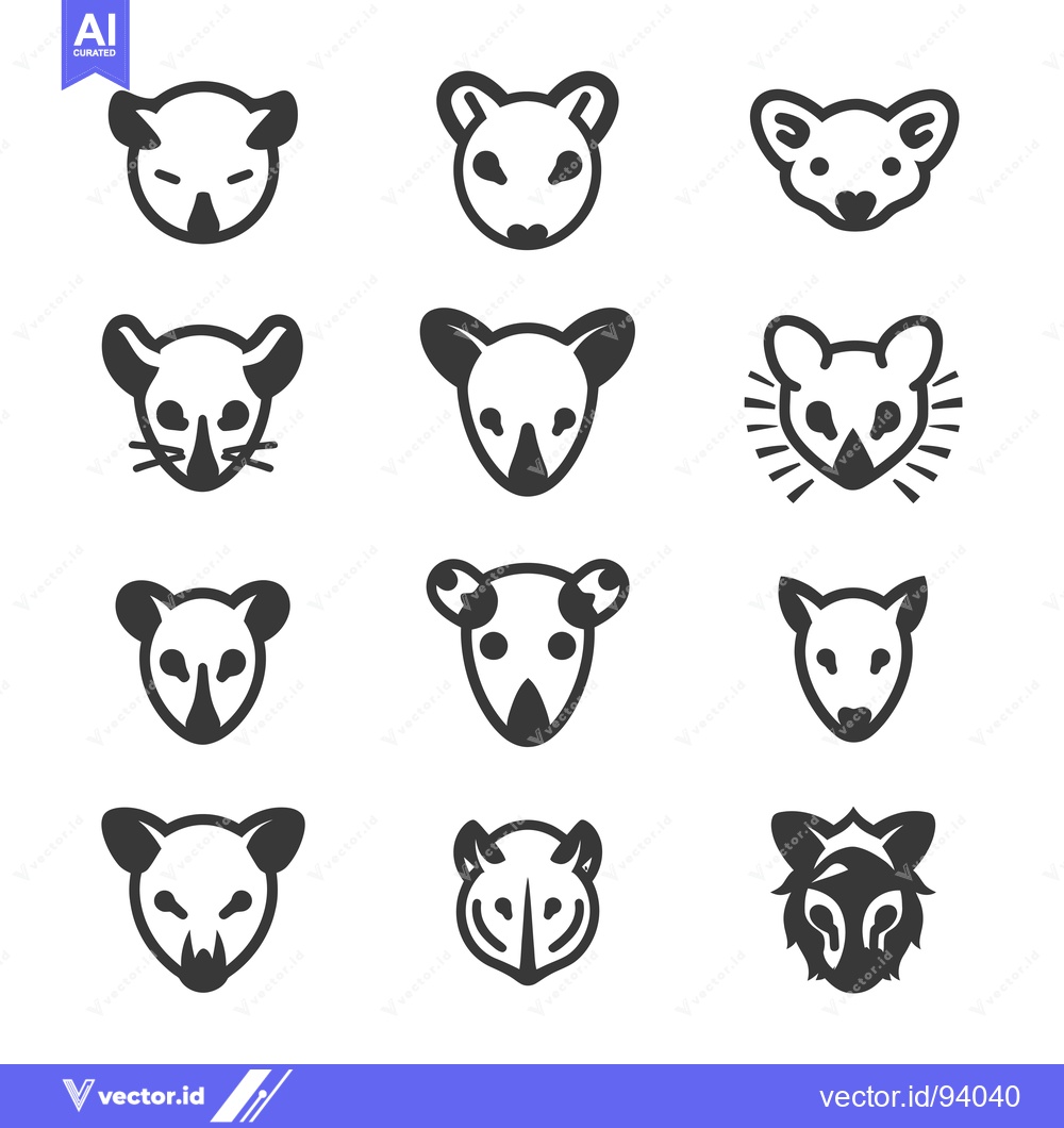 Premium Vector dari Set of 12 Opossum Head Icons in Black and White