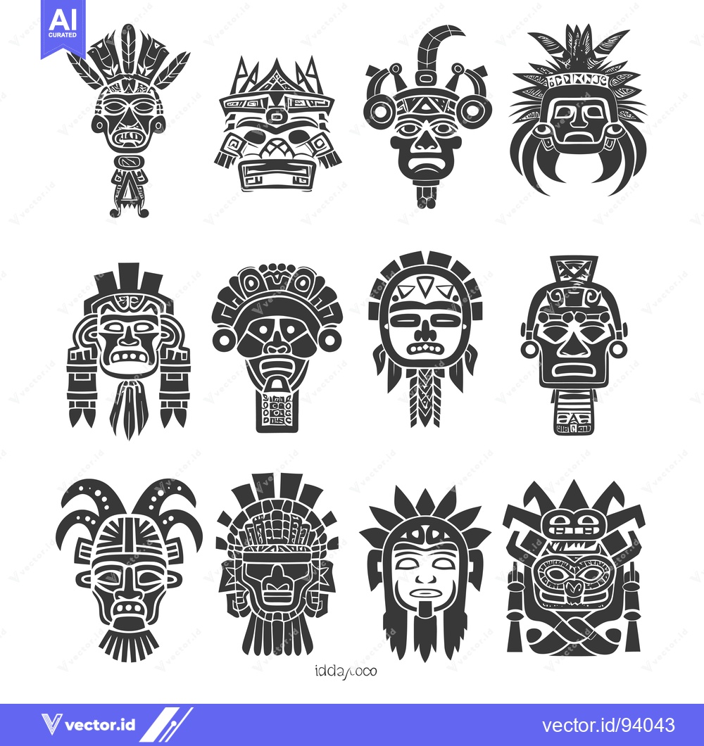 Premium Vector dari Set of 12 Ornate Black and White Native American Masks