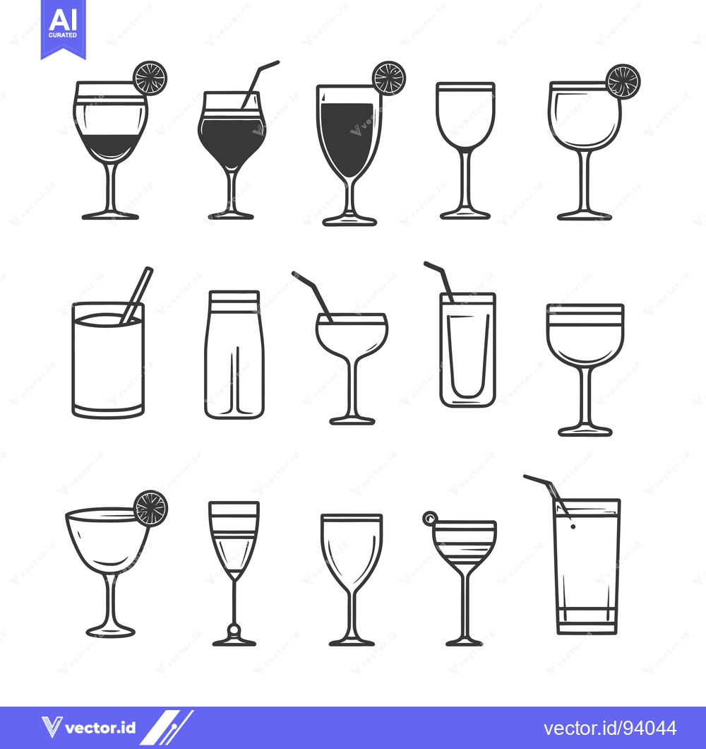 Premium Vector of Set of 12 Outline Cocktail Glasses with and without Straws