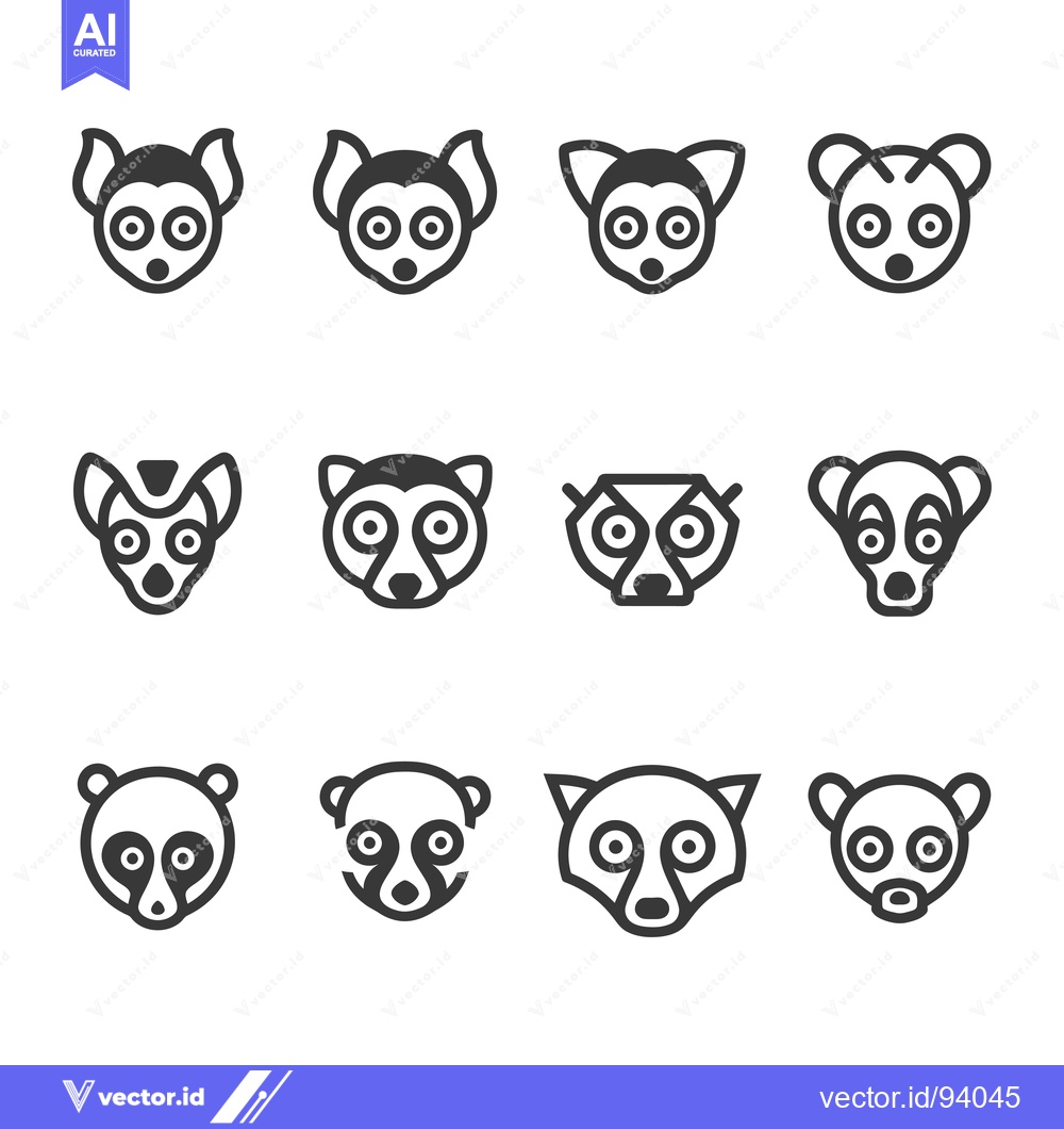 Premium Vector dari Set of 12 outlined lemur faces in various styles