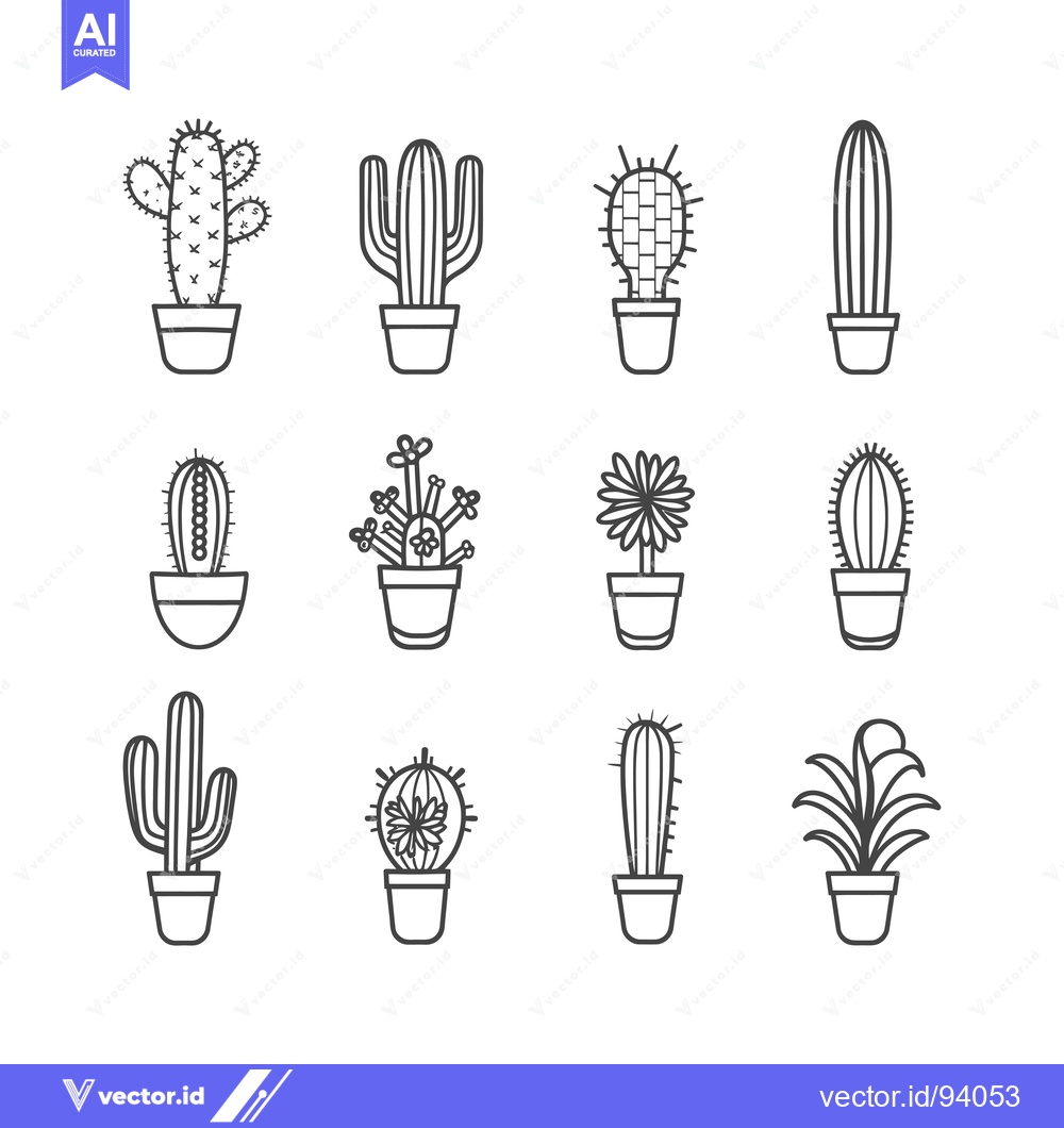 Premium Vector of Set of 12 potted cactus illustrations in simple line style