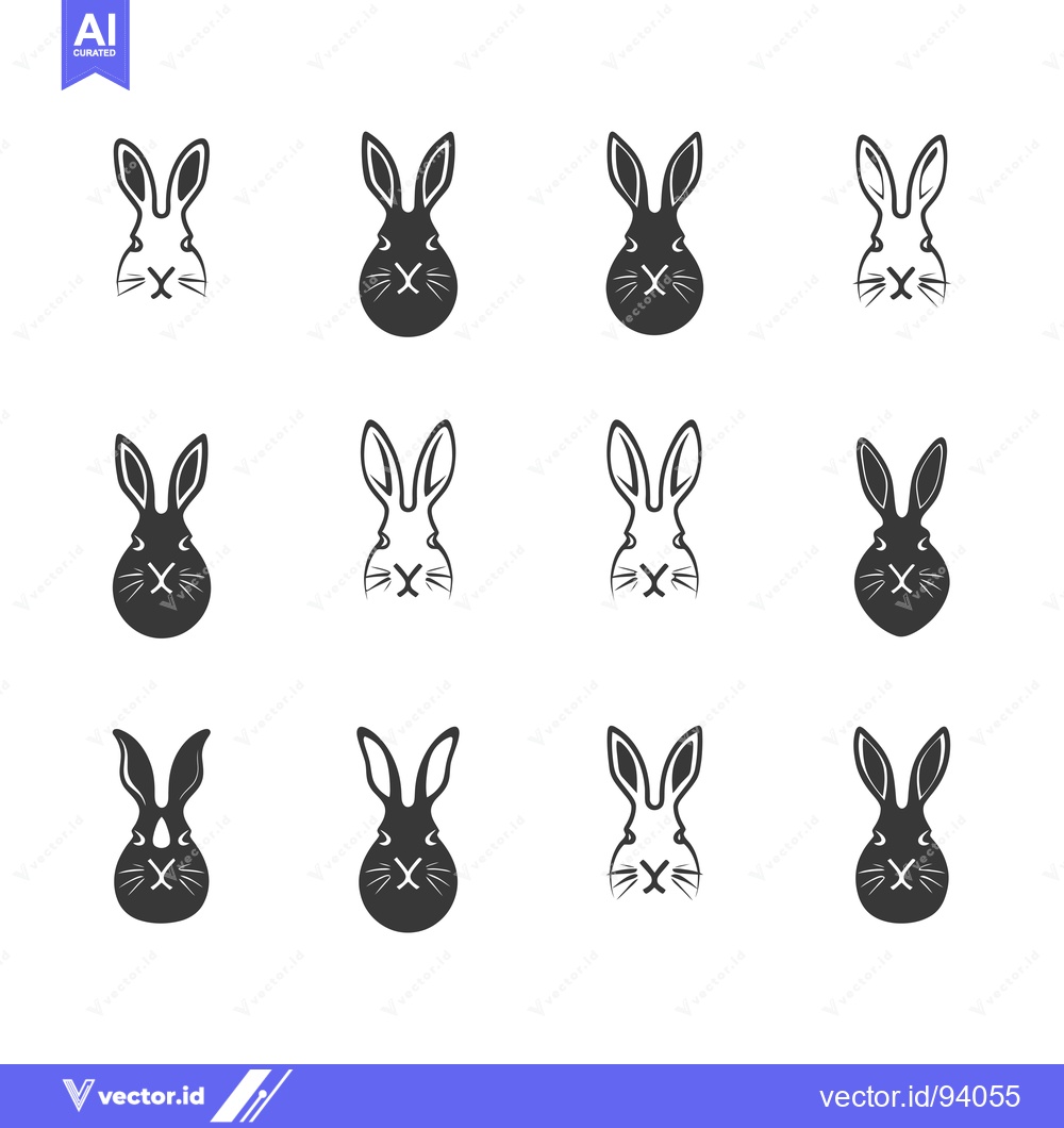 Premium Vector dari Set of 12 Rabbit Head Icons in Black and White