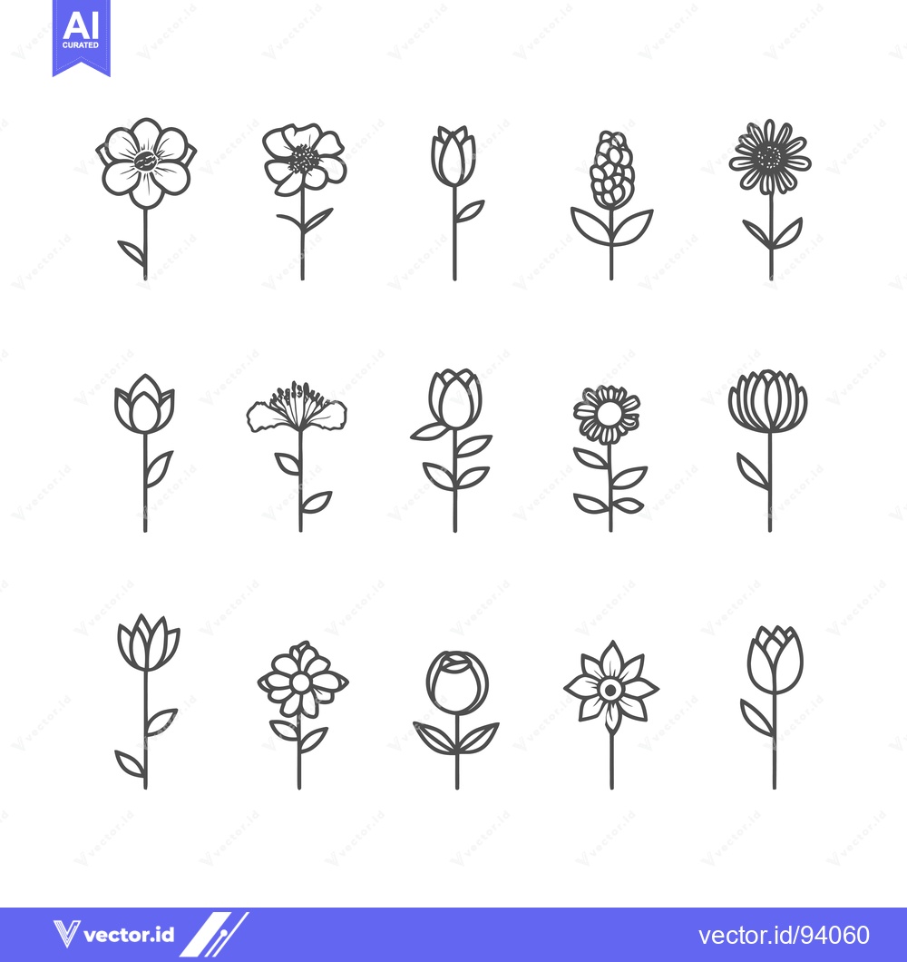 Premium Vector dari Set of 12 Simple Flower Outline Illustrations