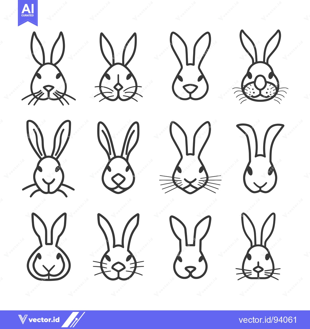 Premium Vector dari Set of 12 Simple Line Art Bunny Rabbit Face Illustrations