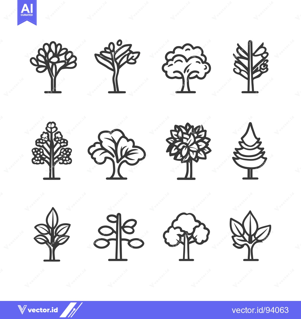 Premium Vector dari Set of 12 Simple Line Drawings of Different Tree Types