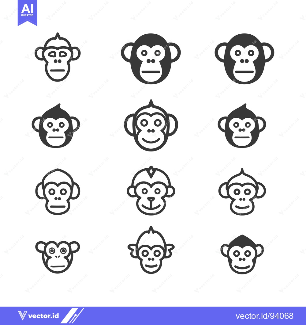 Premium Vector dari Set of 12 Simple Monkey Face Icons with Different Expressions