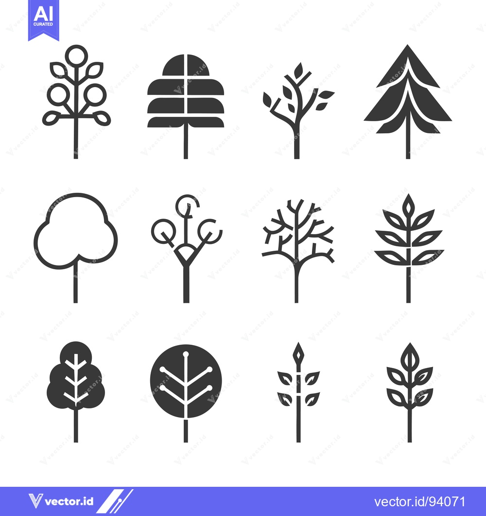 Premium Vector of Set of 12 stylized tree icons in black and white