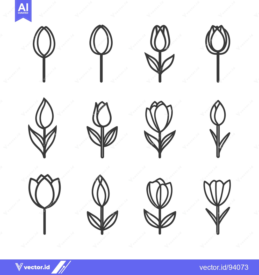 Premium Vector of Set of 12 Tulip Flower Outline Icons in Various Stages of Growth