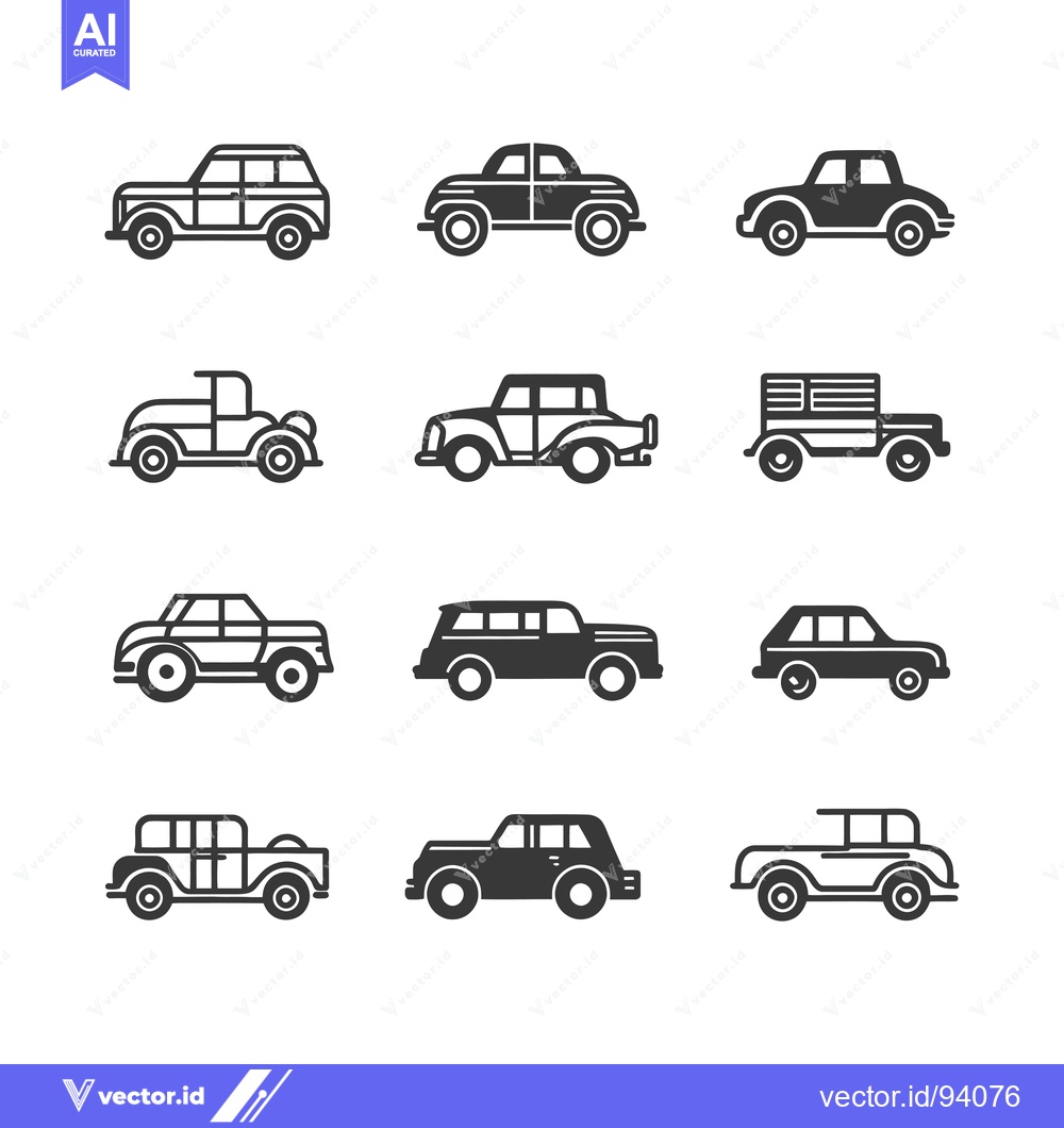 Premium Vector of Set of 12 Vintage Car Icons in Black and White