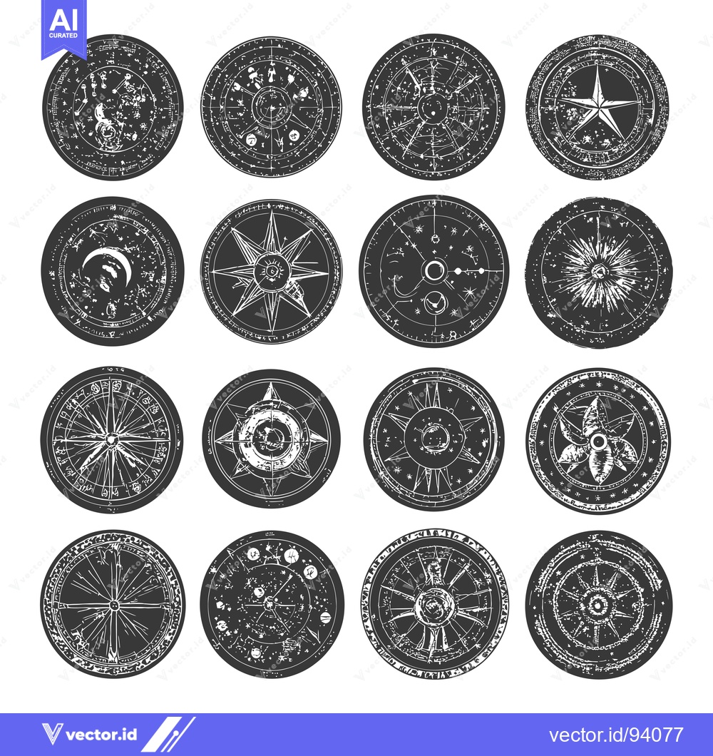 Premium Vector of Set of 12 Vintage Hand-Drawn Celestial Compass Designs