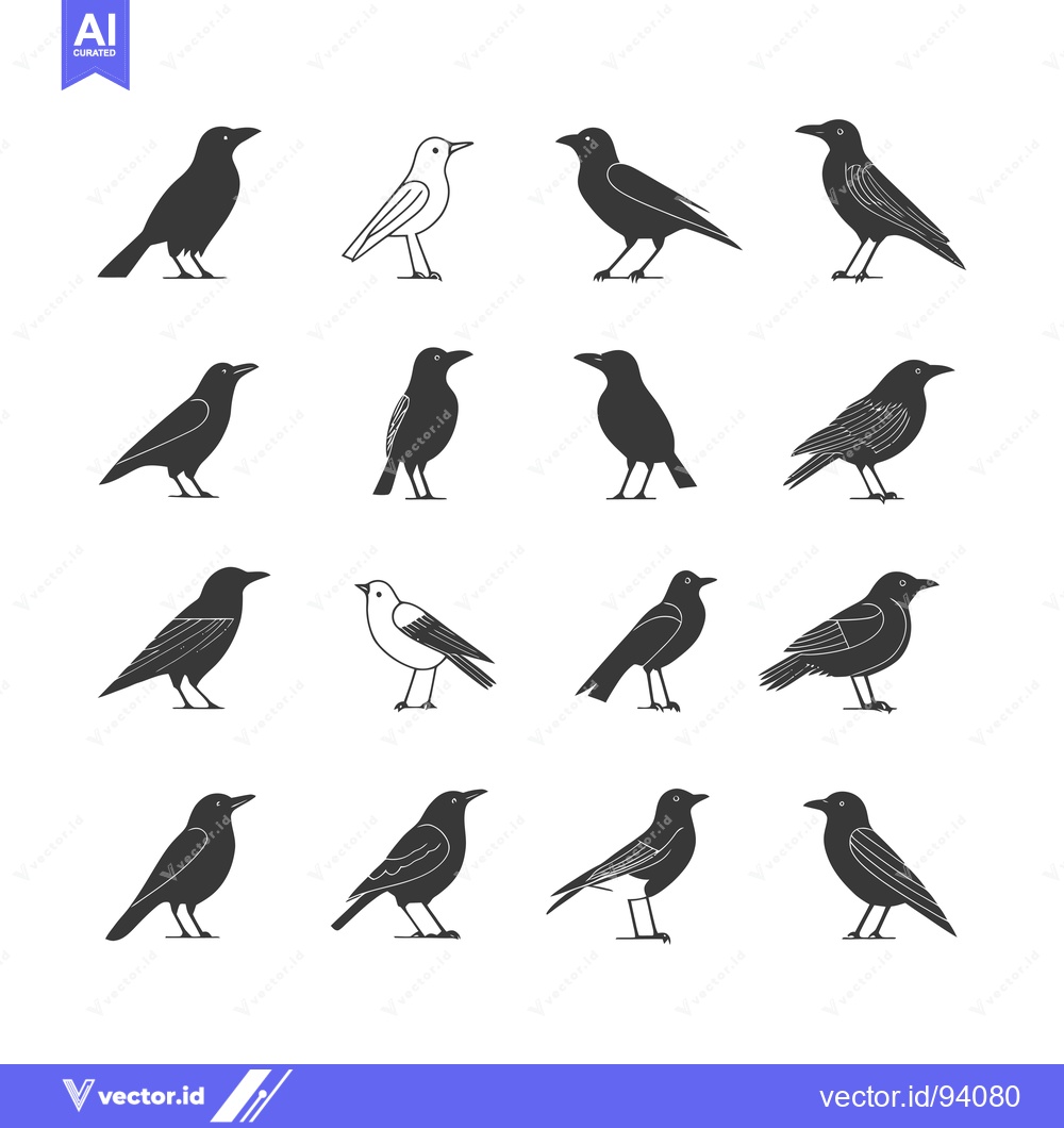 Premium Vector dari Set of 14  Black and White Silhouette Crow Bird Icons