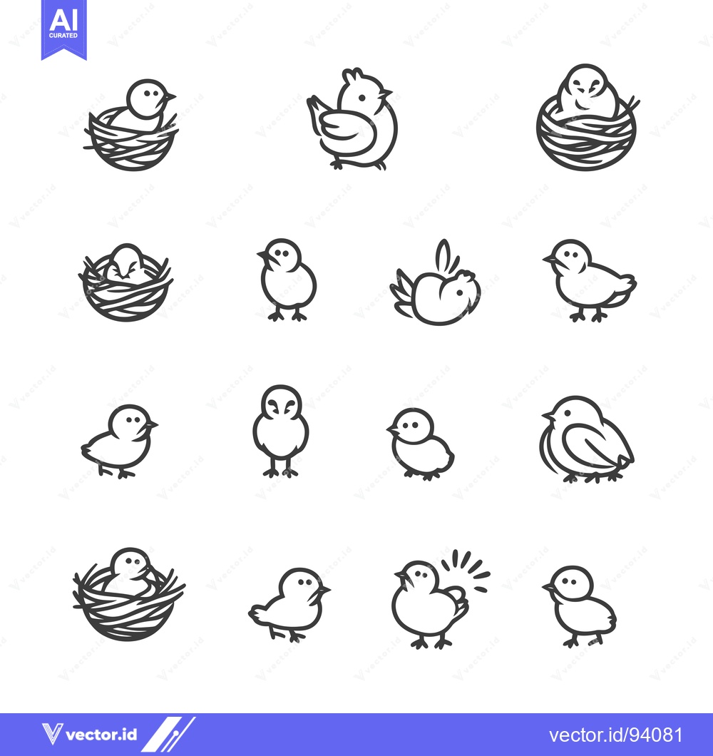 Premium Vector of Set of 14 Line Art Illustrations of Baby Birds
