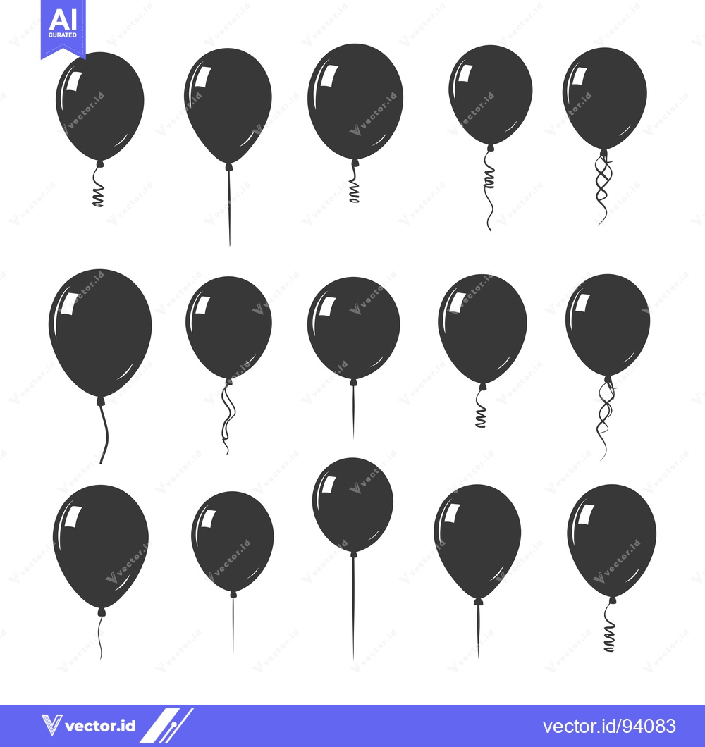 Premium Vector dari Set of 15 Black and White Balloon Silhouettes with Various String Styl