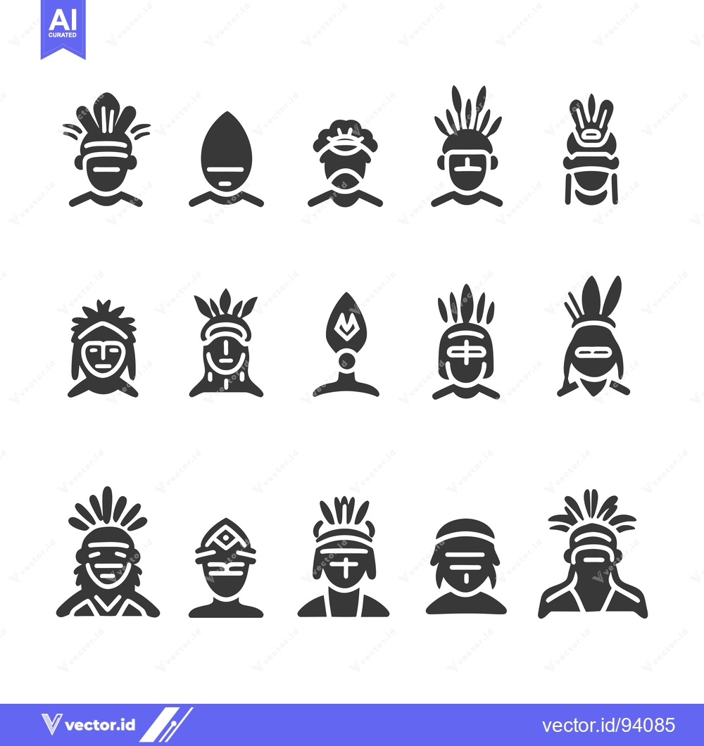 Premium Vector of Set of 15 Black and White Native American Head Icons
