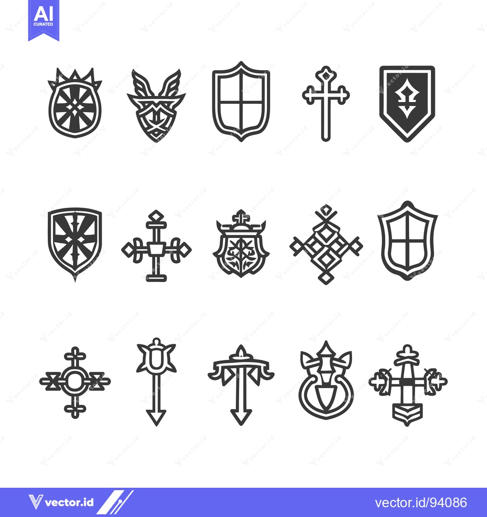 Premium Vector dari Set of 15 Black and White Ornamental Shield, Cross and Arrow Icons