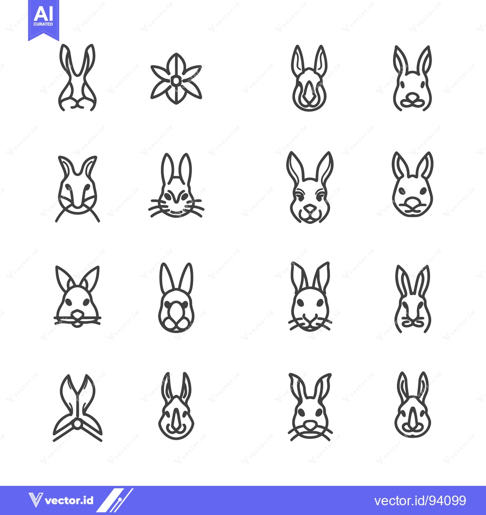 Premium Vector dari Set of 15 Line Icons of Rabbit Faces and a Flower